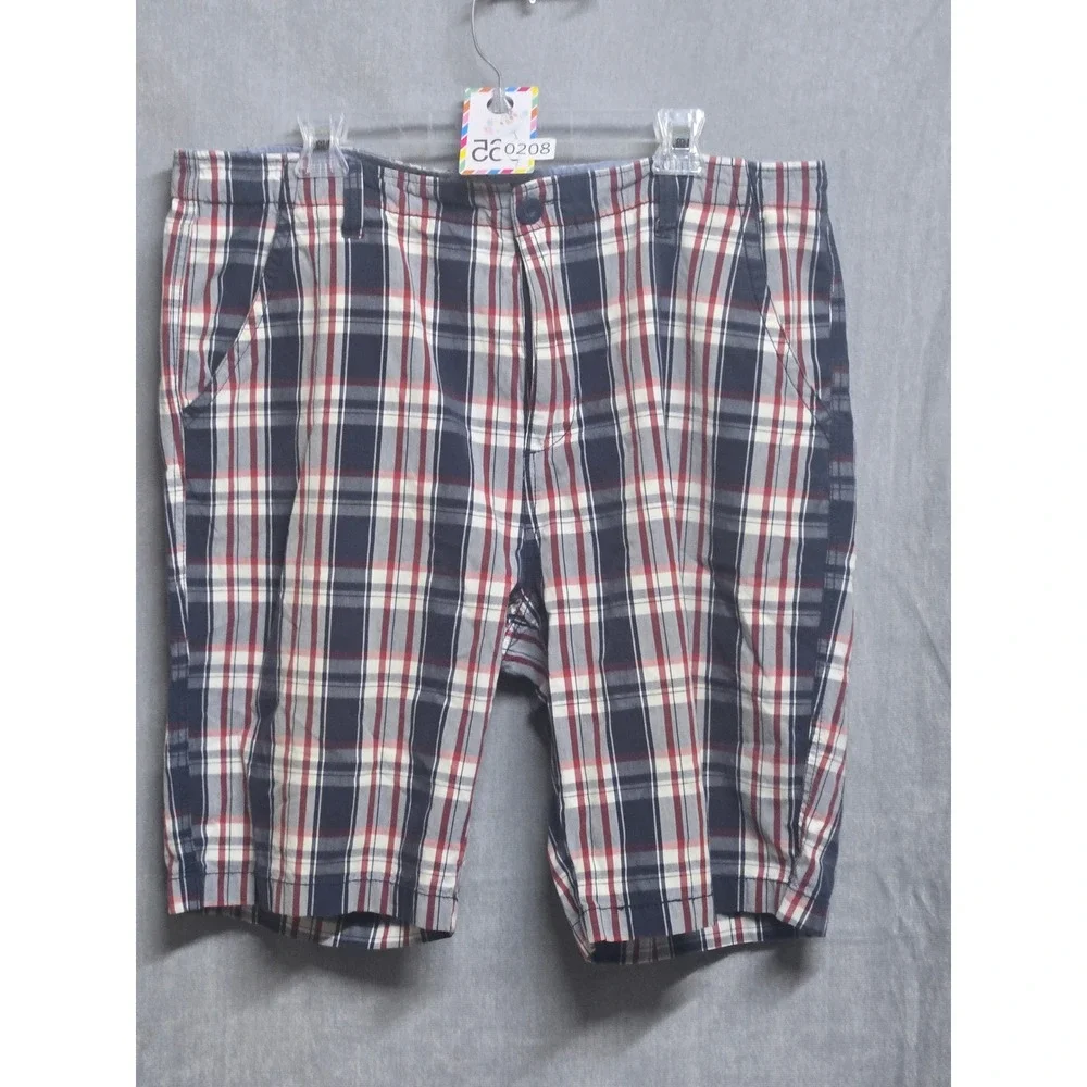 Angelo Litrico Weekend Mens Plaid Shorts Navy Red White Size 48 Flat Front